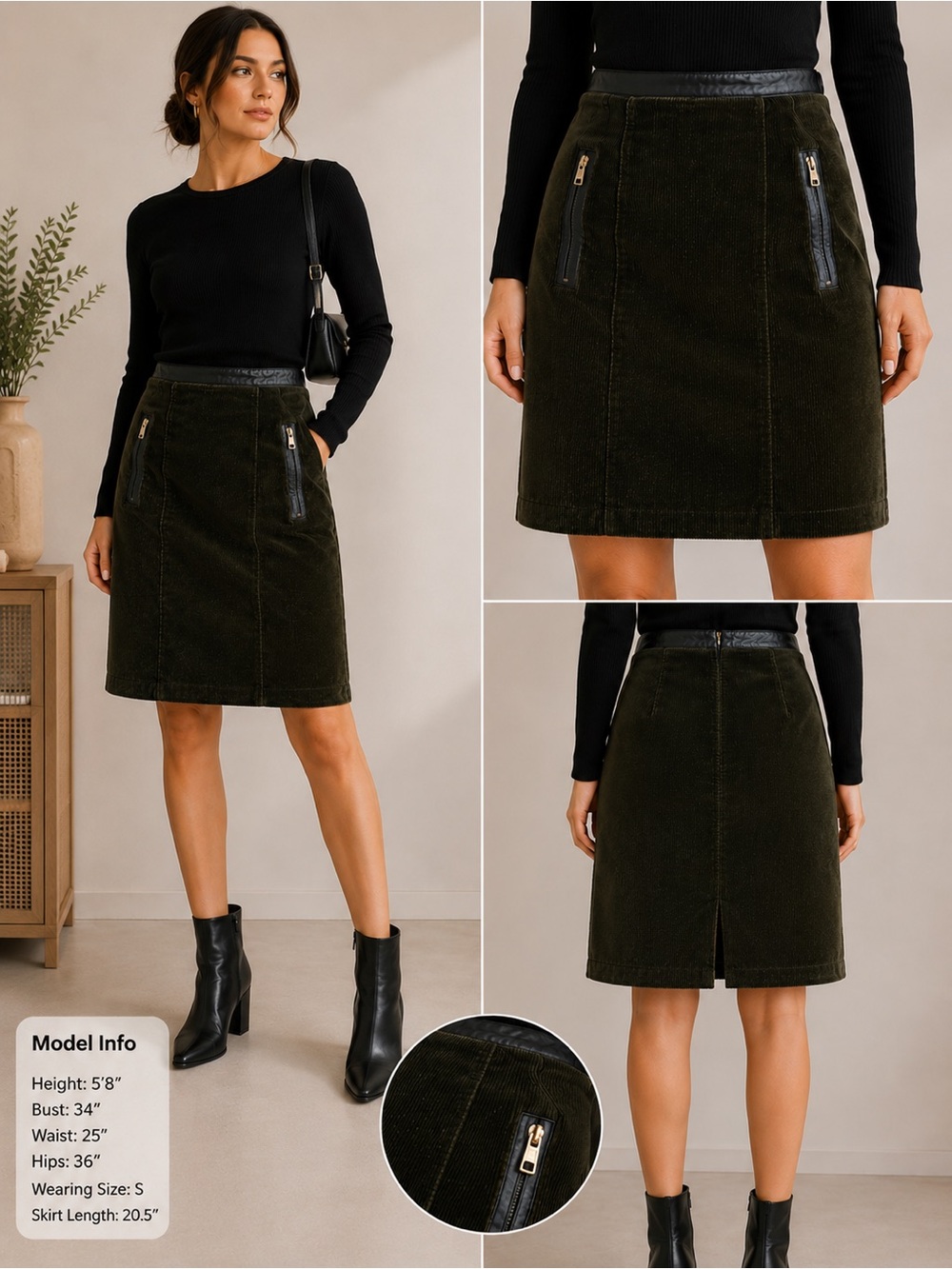 Burberry Dark Olive Corduroy Leather Trim Zip Pocket Skirt US 4